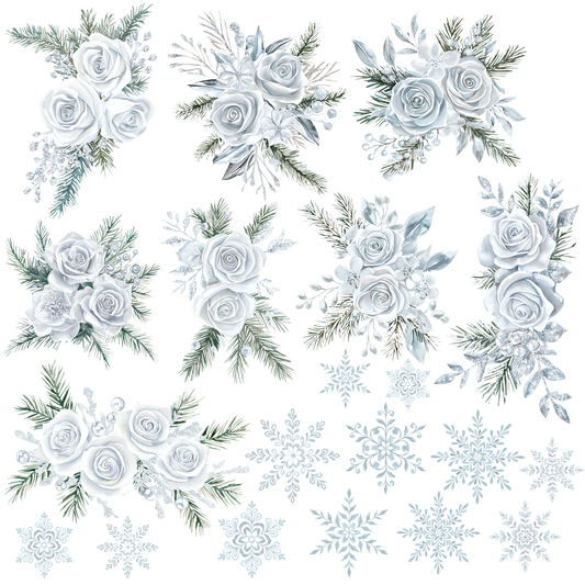 Frosted white snowflake/floral UVDTF decal sheet #682