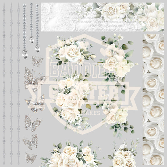 Diamond Silver Butterflies with White Rose Clusters UVDTF decal sheet #712