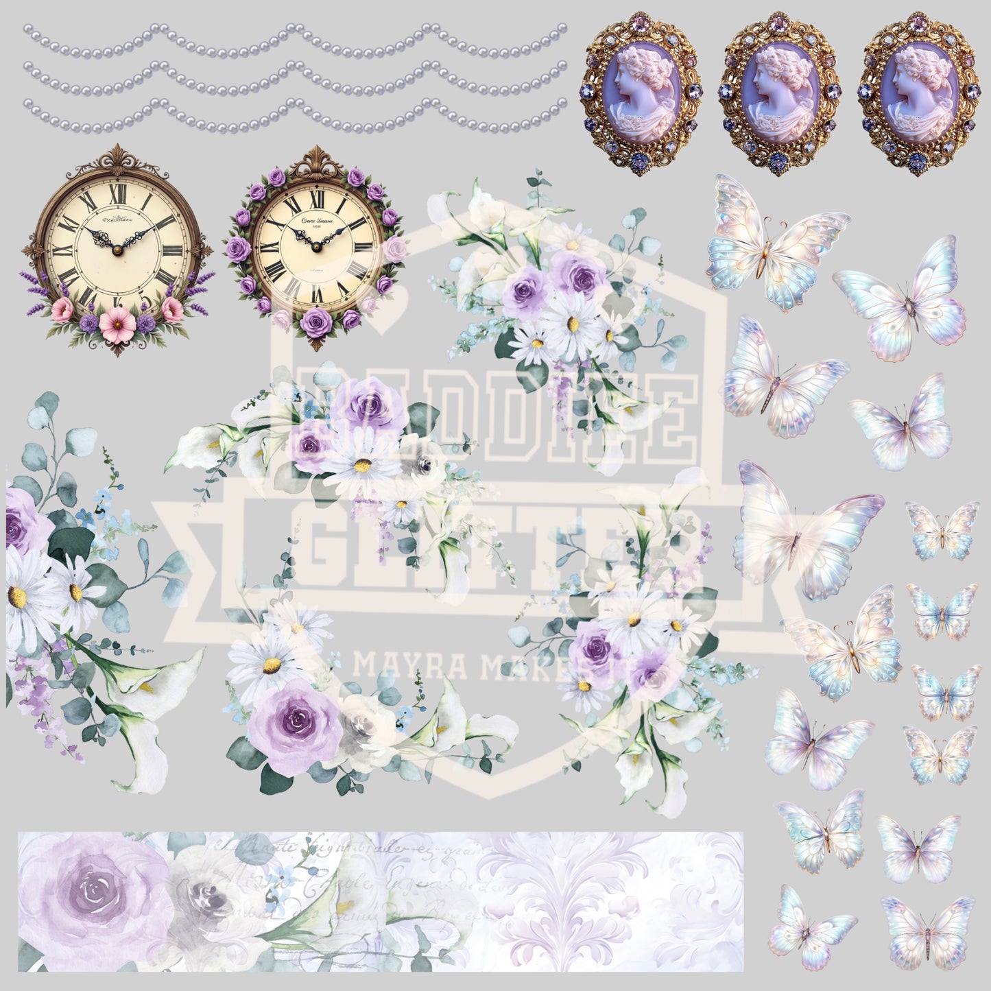 Lilac Butterflies and clocks UVDTF decal sheet #714